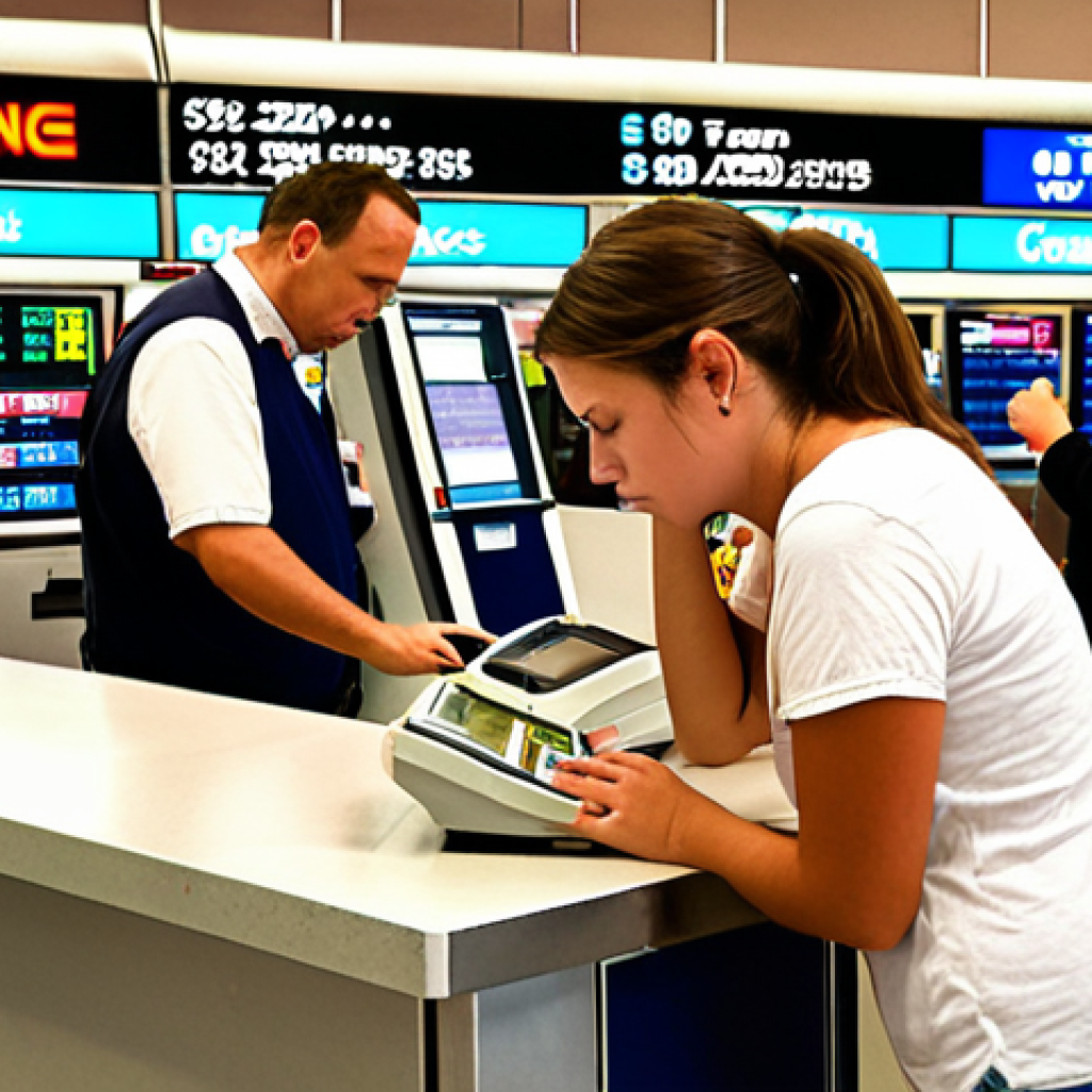 **A traveler looking stressed at a currency exchange counter in an airport, realizing their vacation budget is shrinking due to unfavorable exchange rates.** (Focuses on the impact of exchange rates on vacation costs.)