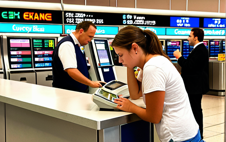 **A traveler looking stressed at a currency exchange counter in an airport, realizing their vacation budget is shrinking due to unfavorable exchange rates.** (Focuses on the impact of exchange rates on vacation costs.)